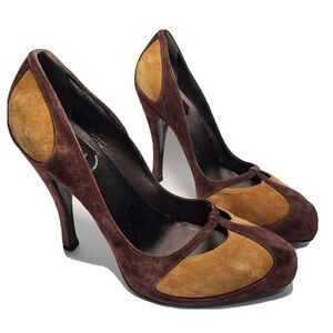 Roger Vivier women heels Pumps Paris 2-tone brown Leather suede sz 37.5 7.5 new